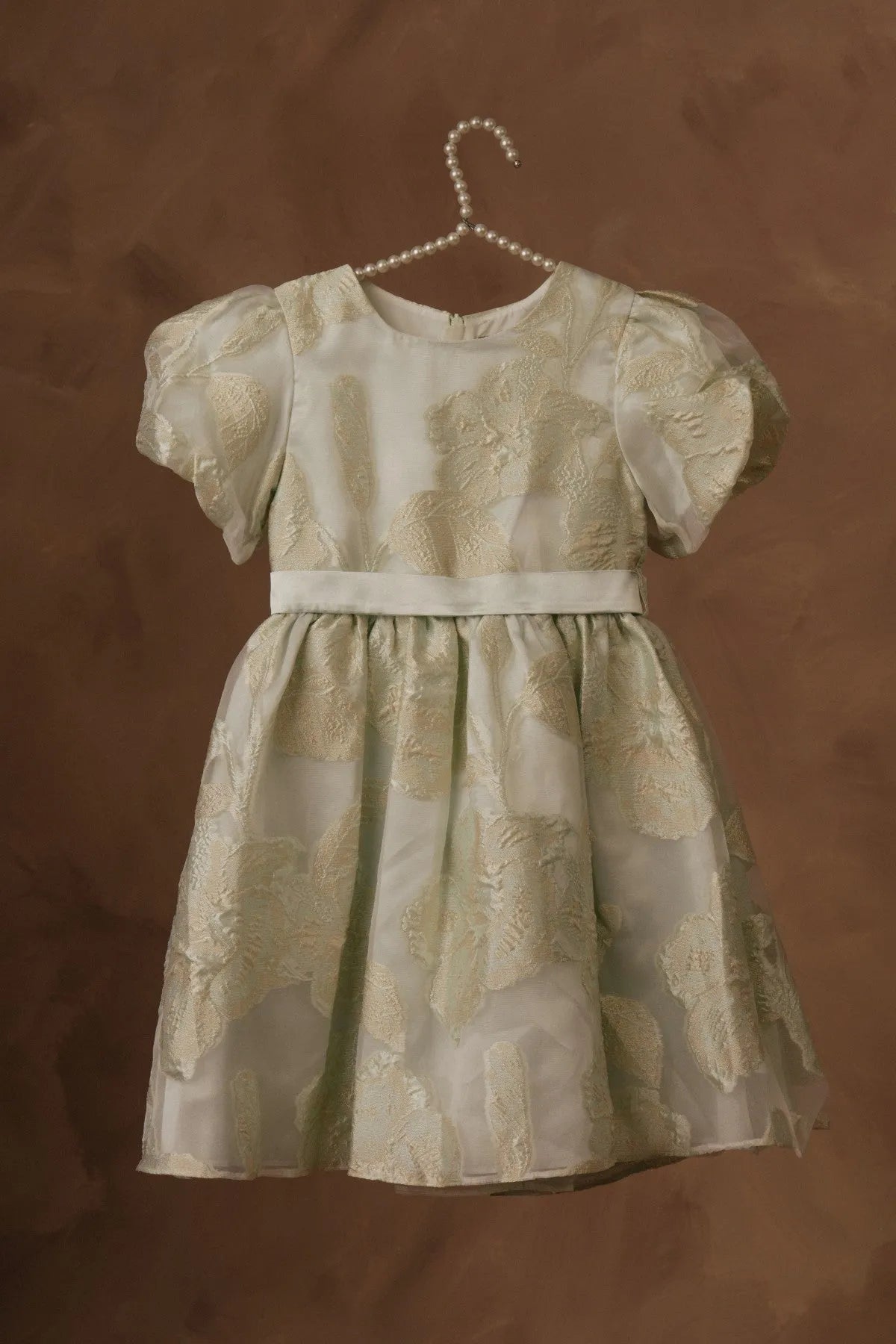 Licci mint green girls dress with puff sleeves, textured pattern, gathered skirt