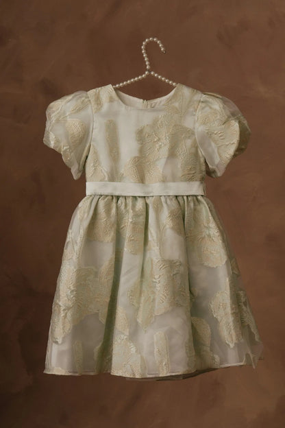 Licci mint green girls dress with puff sleeves, textured pattern, gathered skirt
