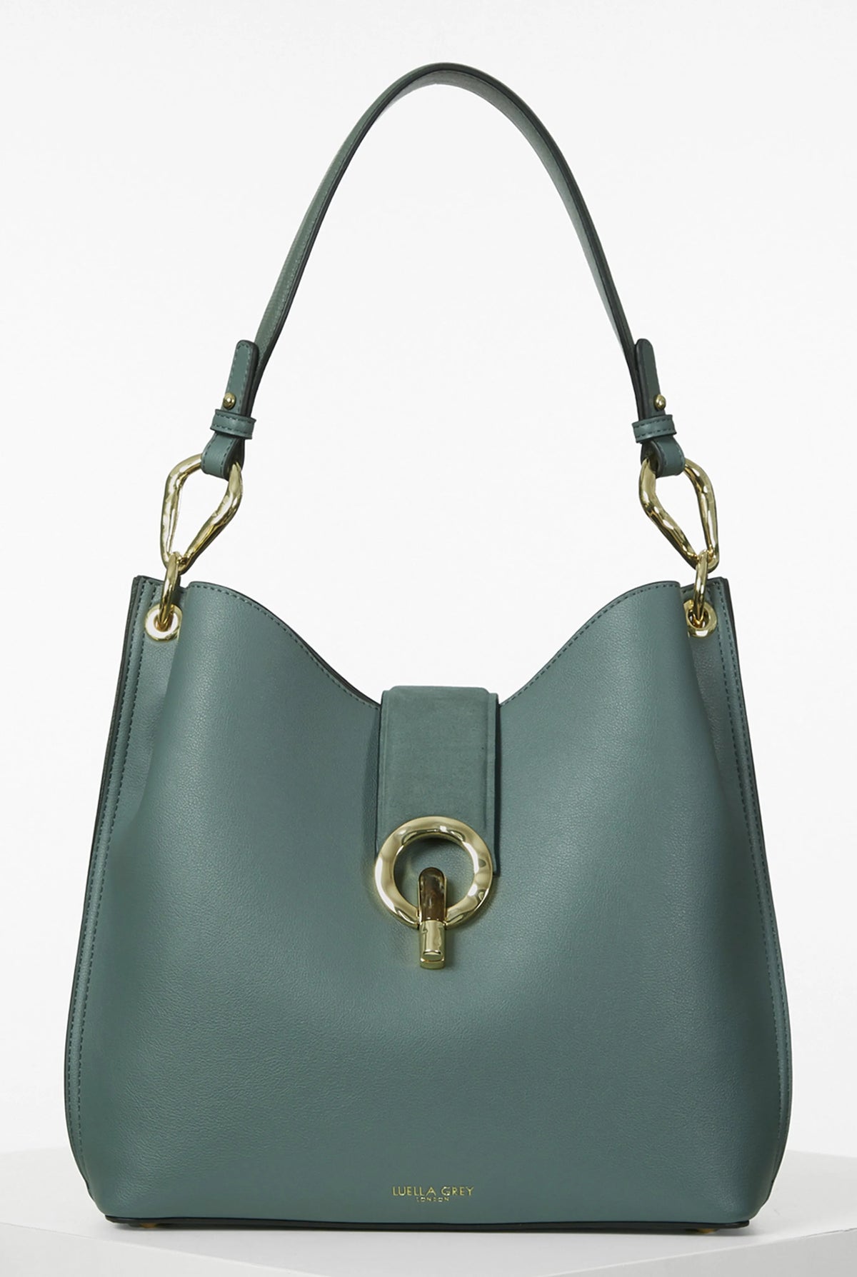 Green leather hobo shoulder bag with gold ring clasp and two top handles