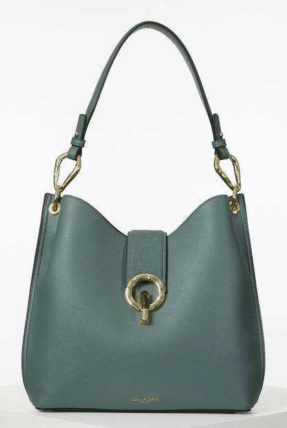 Green leather hobo shoulder bag with gold ring clasp and two top handles