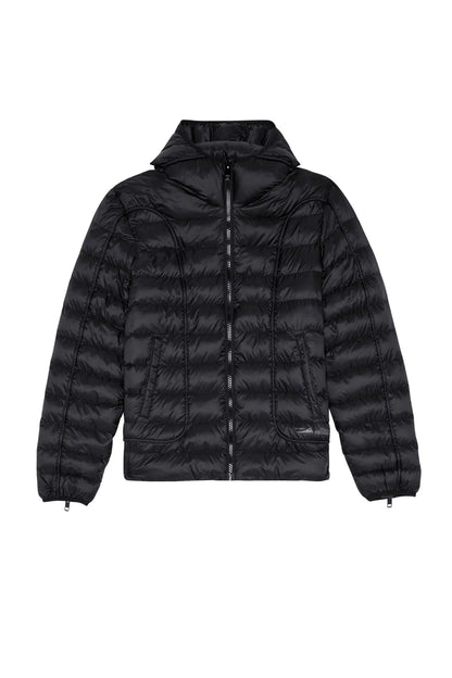Black hooded puffer jacket with stand collar, full-length zipper, quilted insulation.