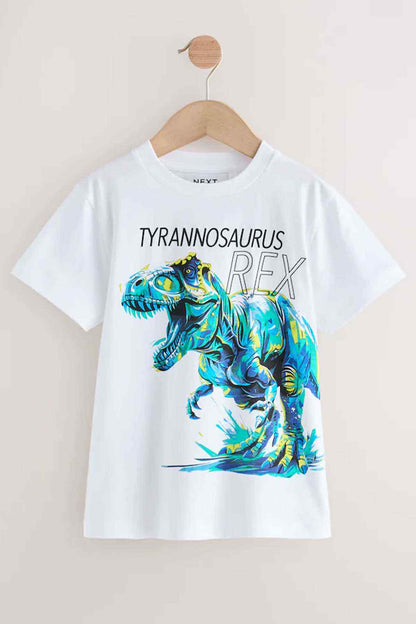 White kids dinosaur graphic T-shirt with blue Tyrannosaurus Rex front print