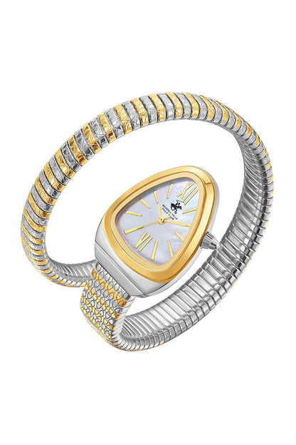 BHPC oval wristwatch with gold-tone bezel, blue dial, and silver-and-gold bracelet
