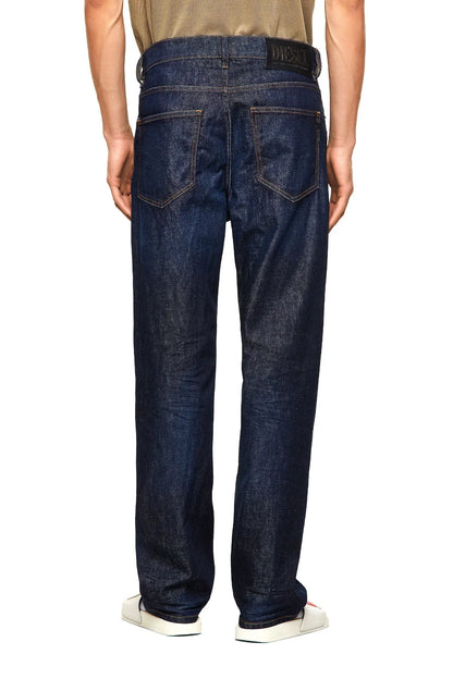 Blue denim jeans with back flap pockets and straight fit