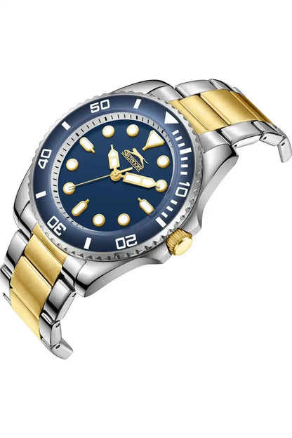 Wristwatch angled view with blue dial, gold hands, and silver/gold link bracelet.