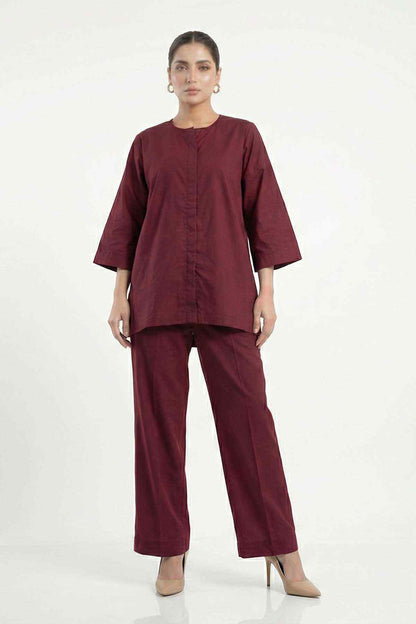 Dark maroon tunic top and cropped wide-leg pants set, elbow-length sleeves