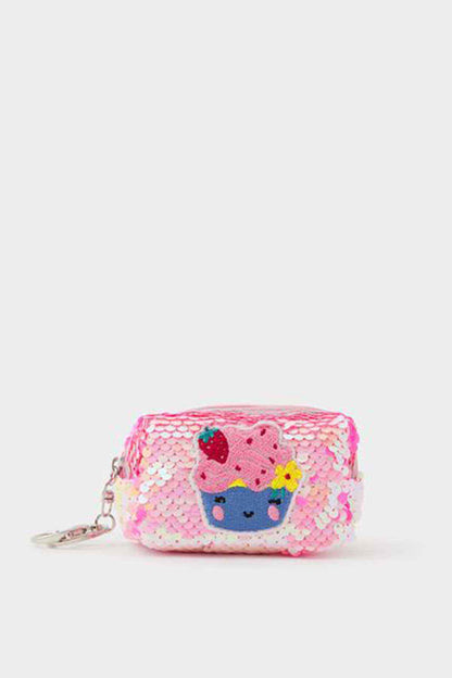 Pastel sequin crossbody bag with cartoon face patch and heart charm keychain