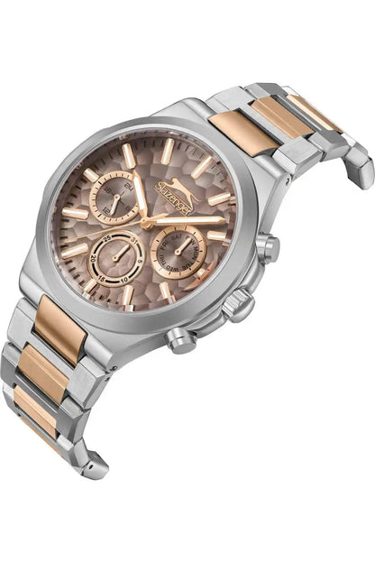 Silver-tone round watch with gold-beige dial, three subdials, metal bracelet