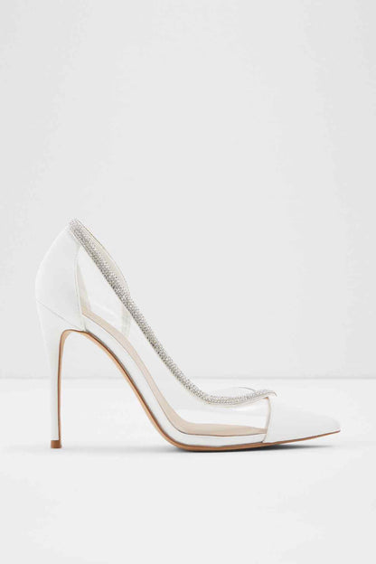 White pointed-toe stiletto pumps with rhinestone slingback strap