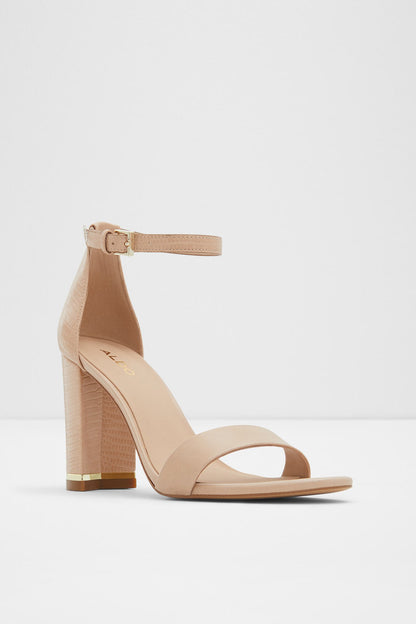 Bone heeled sandal with ankle strap, peep toe, and tall block heel