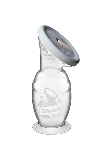 Transparent silicone breast pump with gray cap on base