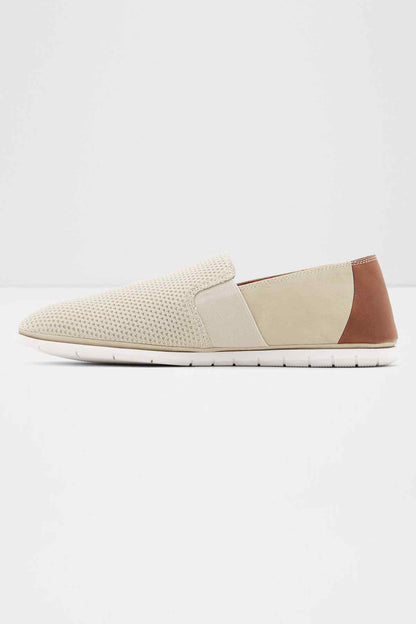 ALDO beige knit slip-on sneaker, side view with tan and brown color blocks