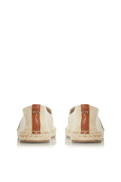 Natural espadrille flats with tan heel tab and jute-textured sole, back view