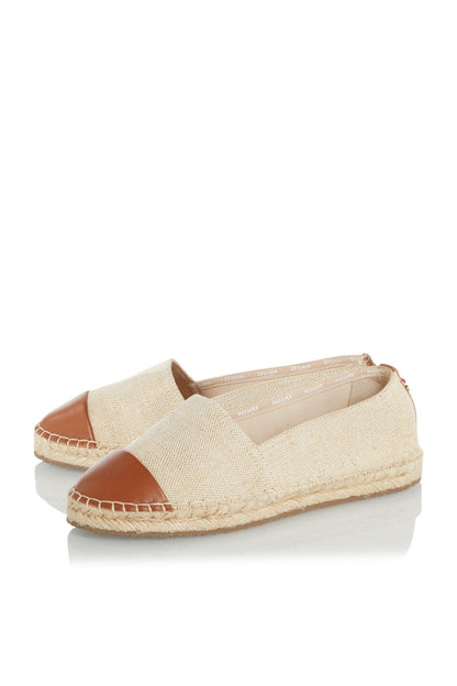 Natural woven espadrille slip-on flats with tan leather trim and jute sole