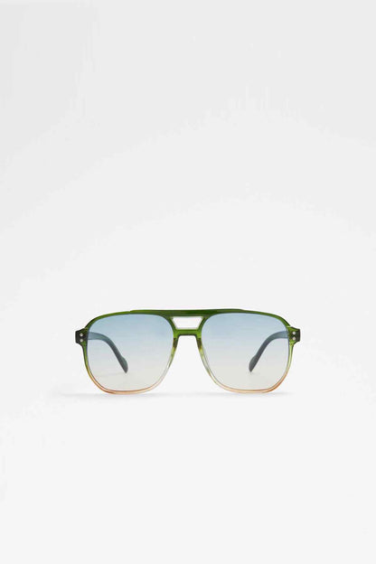 Rectangular eyeglasses with dark green frame and clear tinted lenses