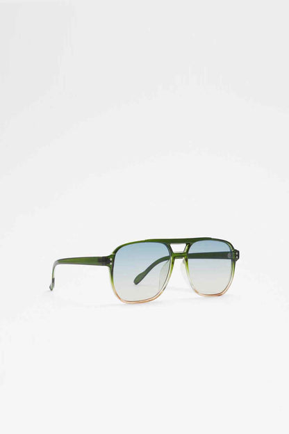 Square eyeglasses with dark green frame and clear tinted lenses, side view