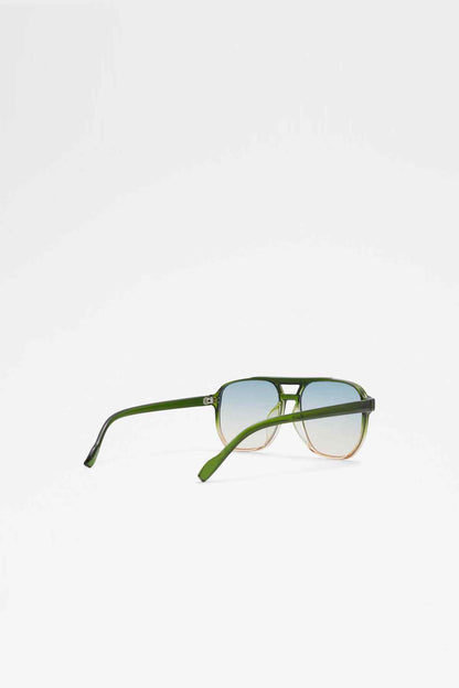 Dark green rectangular eyeglasses with clear tinted lenses, angled profile