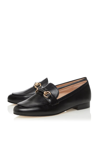 Black leather loafer slip-on with gold buckle strap and low block heel