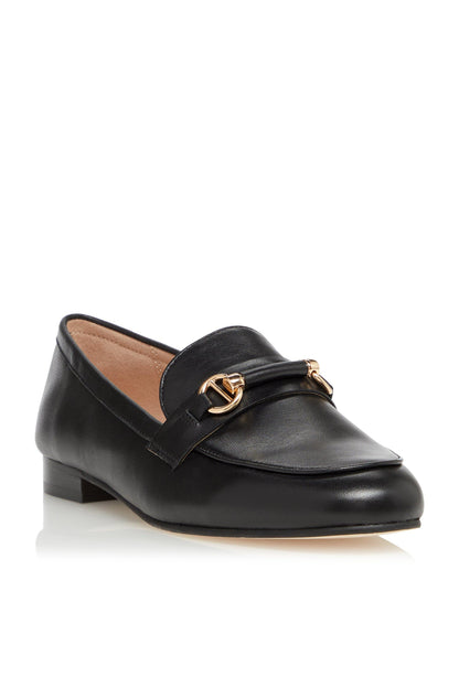 Black leather loafer with metal buckle strap and brown interior lining