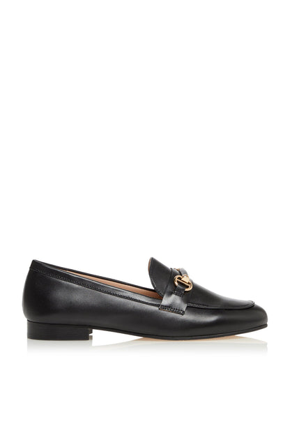 Dune London black leather loafer with gold buckle detail and low heel