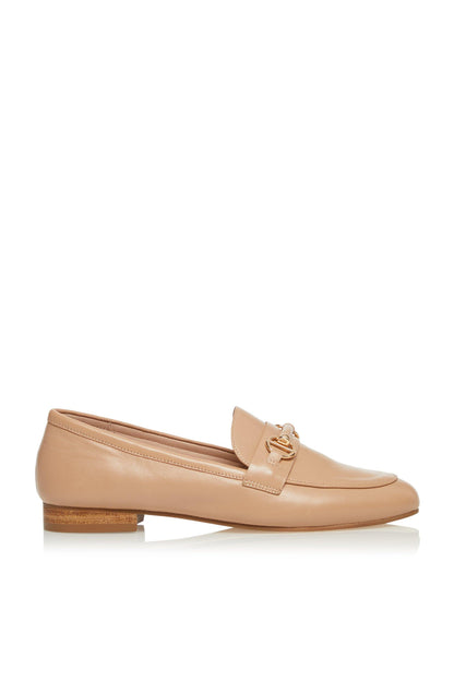Camel leather loafers with gold-toned horsebit detail and low stacked heel
