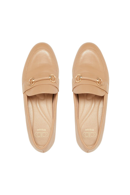 Pair of camel leather loafers, front view with gold-toned horsebit hardware