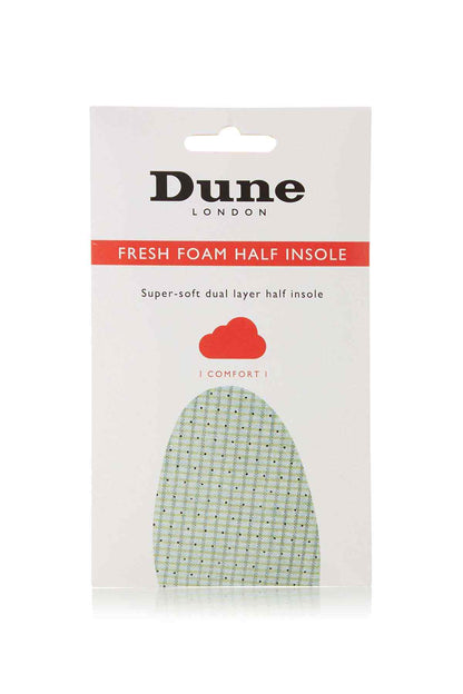 Dune London fresh foam half insole box front, with comfort icon and plaid insole graphic