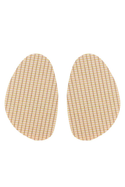 Pair of beige plaid half insole inserts with rounded toe ends