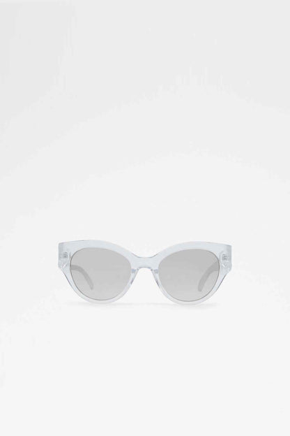Clear frame cat-eye sunglasses with tinted gray lenses