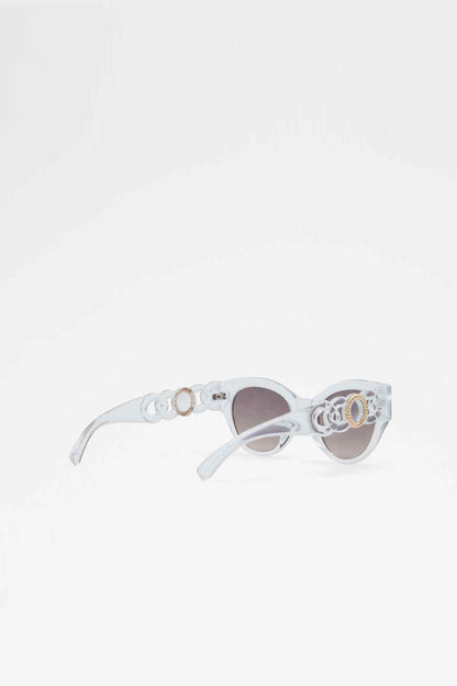 Clear frame sunglasses with double O-ring side detail and gray tinted lenses