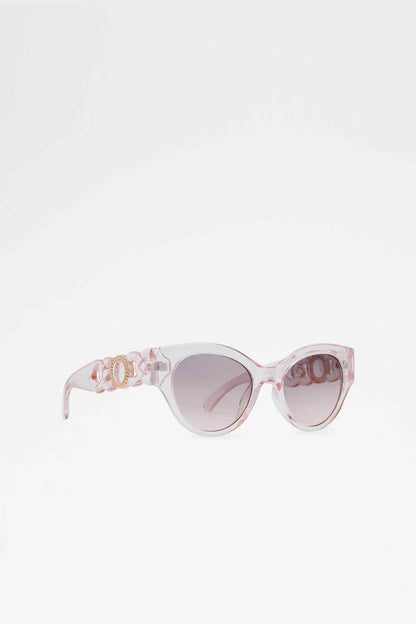 ALDO light pink sunglasses, rose tinted lenses, decorative temple details