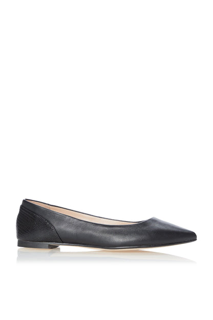 Dune London black leather ballet flats with low profile and curved toe
