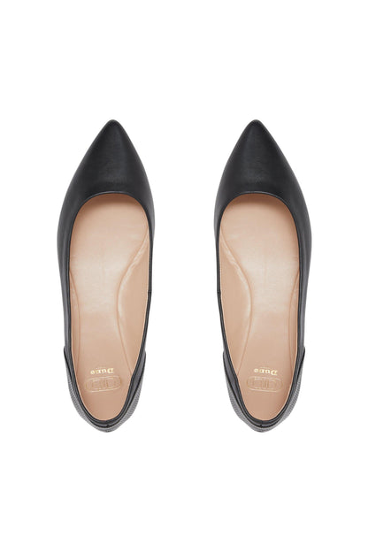Black leather ballet flats, front view, pointed-oval toe with stitched trim