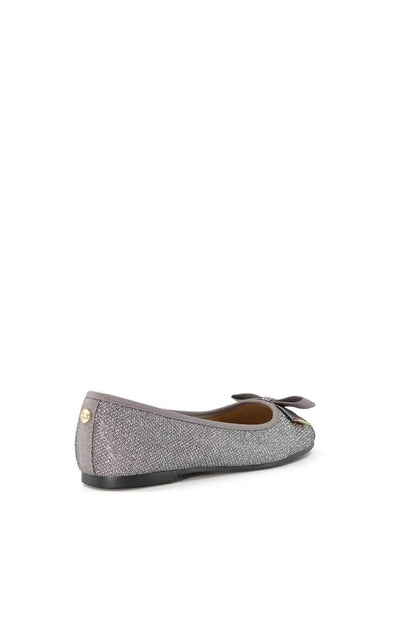 Pewter glitter ballet flats, side view with bow detail and textured upper