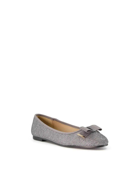 Pewter textured ballet flats with bow strap and low block heel