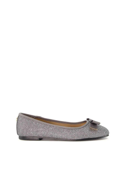 Pewter textured ballet flats with round toe, bow strap, and low heel