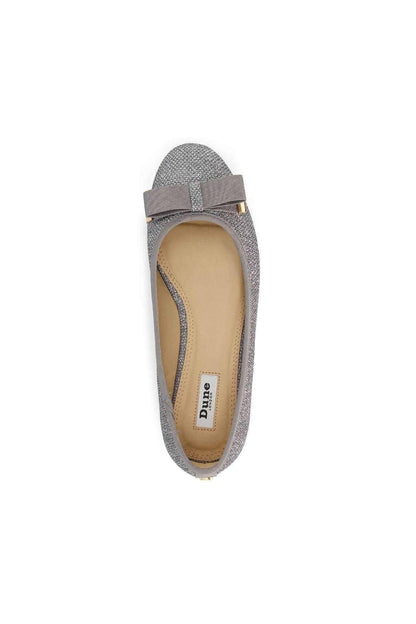 Pewter ballet flats with bow strap and tan insole lining, round-toe