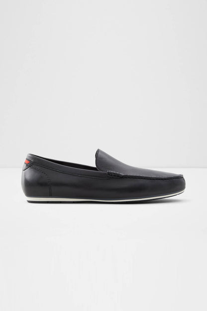 Black leather slip-on loafer with moc-toe stitching and rubber sole