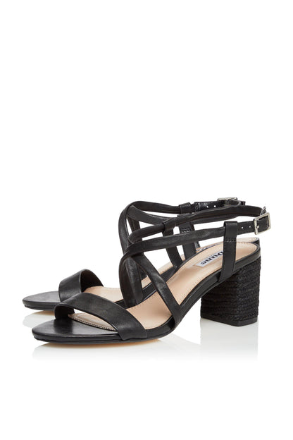 Black strappy heeled sandal with crisscross straps, block heel, open toe