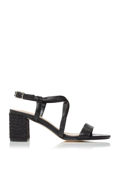 Black strappy heeled sandal with block heel and ankle strap