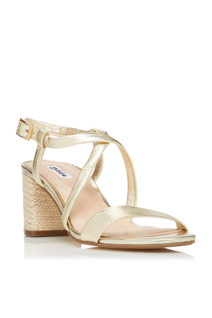 Gold strappy heeled sandals with ankle strap and textured block heel