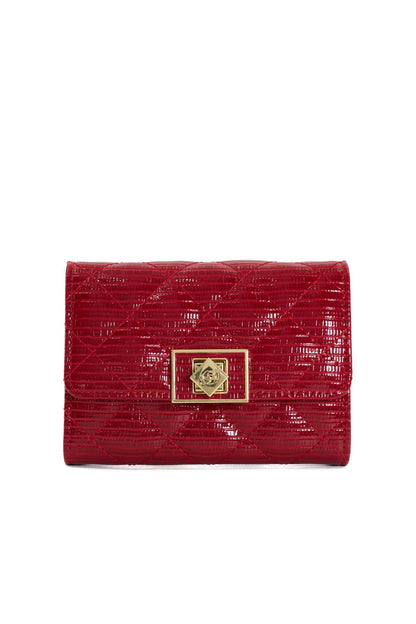 Red textured flap wallet with gold-tone logo clasp