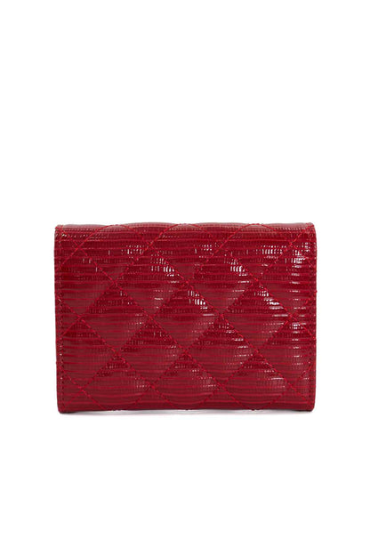 Red textured flap wallet with repeating geometric pattern