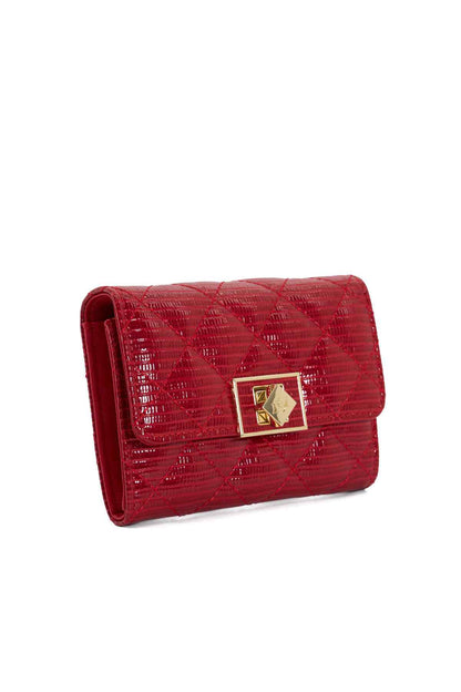 Red textured wallet with flap and gold-tone logo plaque