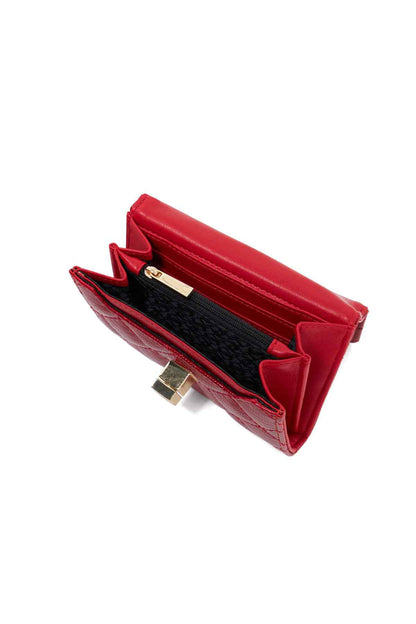 Red wallet opened to show card slots and fabric lining