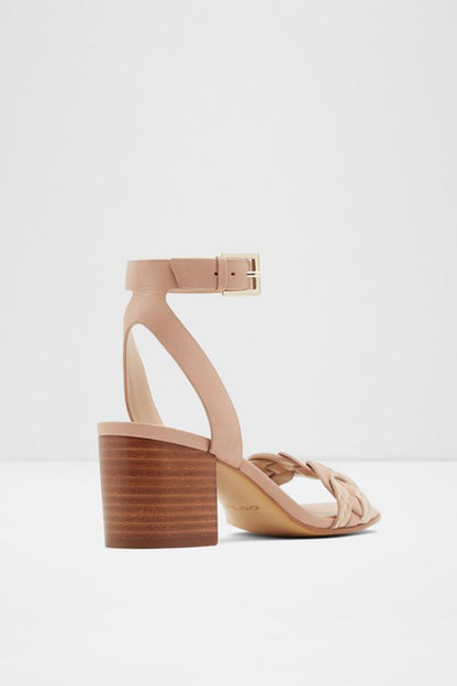 Bone leather heeled sandal with ankle strap and knotted toe strap