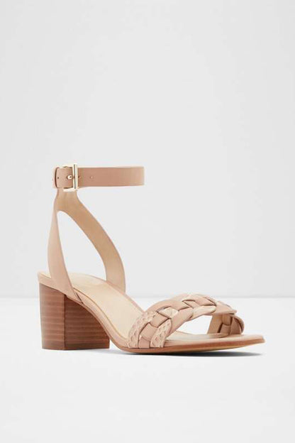 Bone leather heeled sandal with ankle strap and woven toe strap