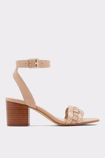 Bone leather heeled sandal with ankle strap and braided toe detail
