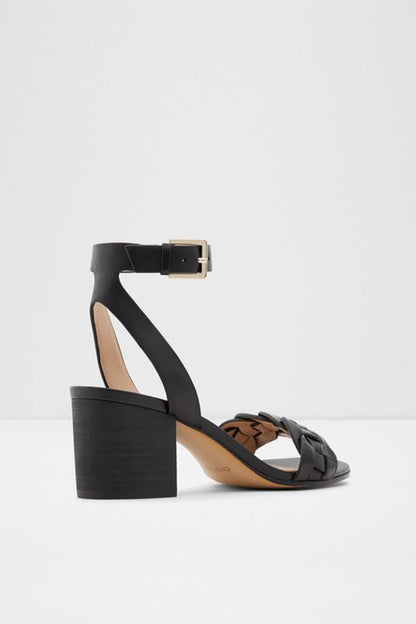 ALDO black heeled sandals with block heel, ankle strap buckle, woven upper