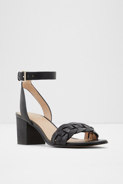 ALDO black heeled sandals with open toe, ankle strap, block heel, woven design